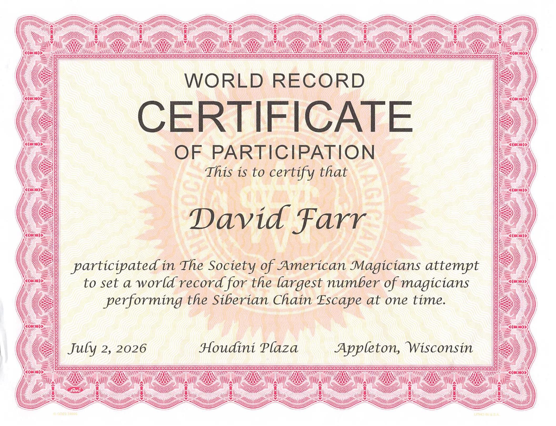 Society of American Magicians certificate of participation for the Siberian Chain Escape at Houdini Plaza, dated July 2, 2026